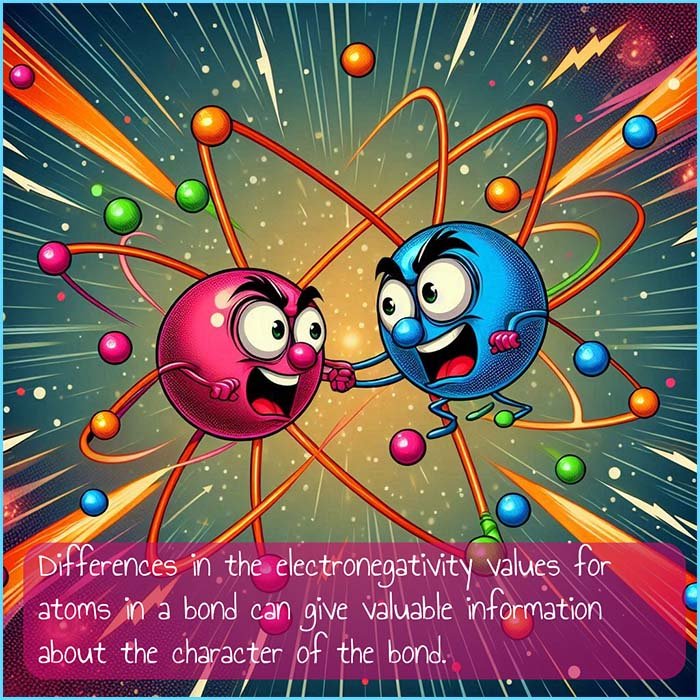 Cartoon image to show how differences in electronegativity can give information about bond character. 